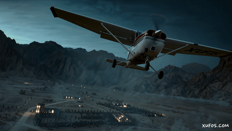 Artistic reconstruction of a small plane flying toward Area 51 at night