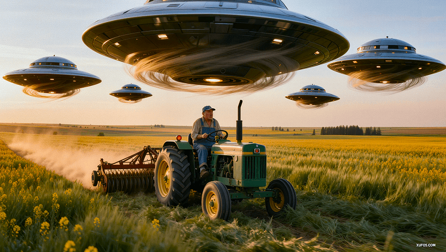 Artistic reconstruction of Edwin Fuhr encountering five UFOs in his field 1974