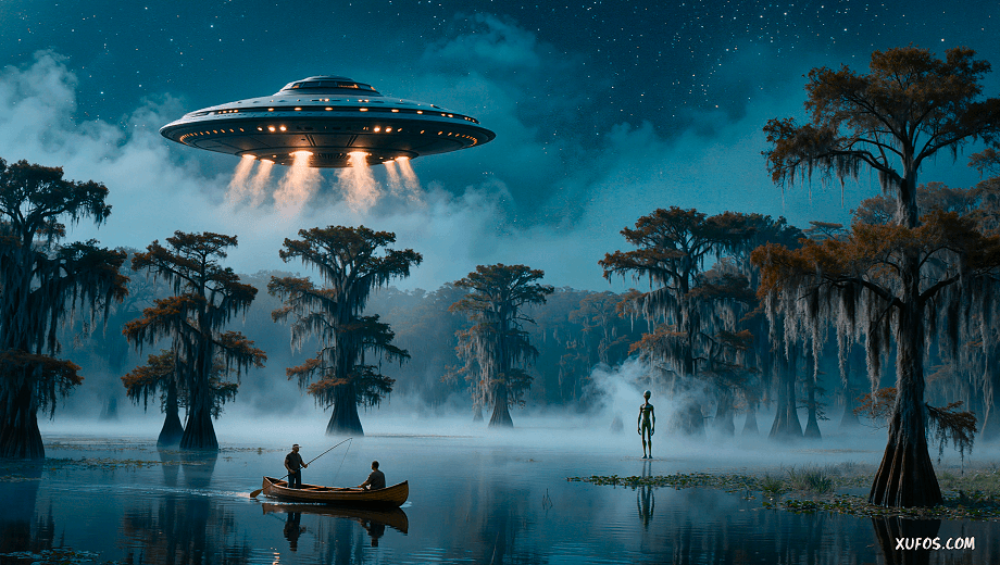 Artistic reconstruction of Fred and Lou encountering the UFO and alien on Nine Mile Swamp 1991