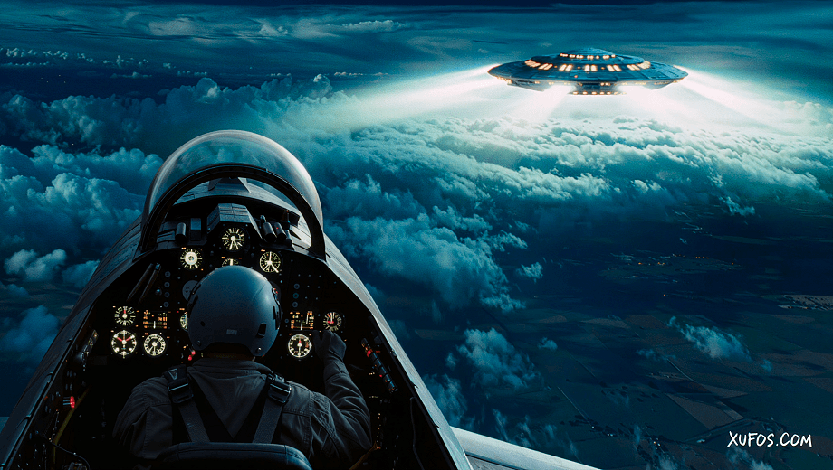 Artistic reconstruction of Milton Torres in his F-86D Sabre pursuing a massive UFO over England 1957