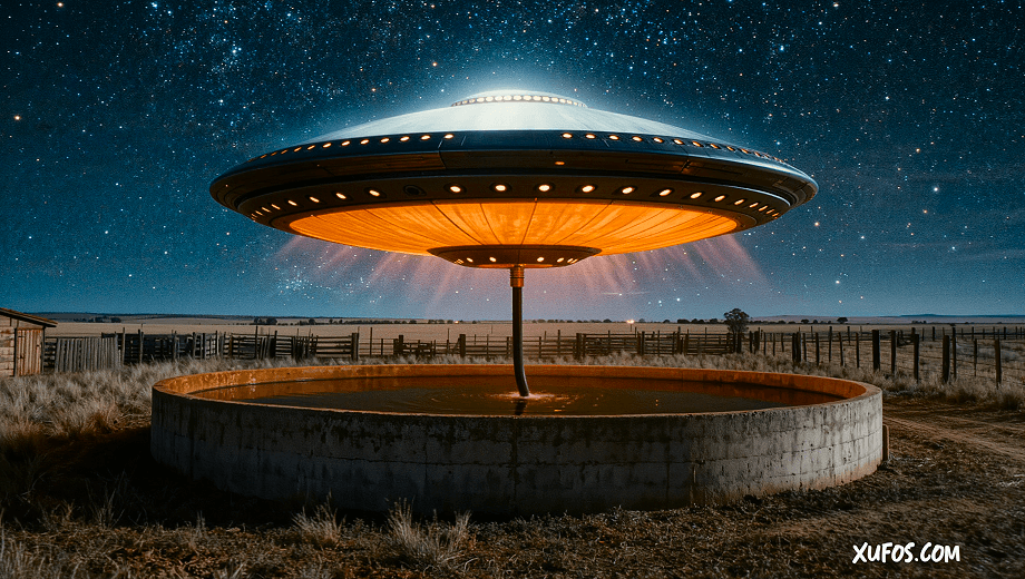 Artistic reconstruction of the Rosedale UFO hovering over the water tank at night