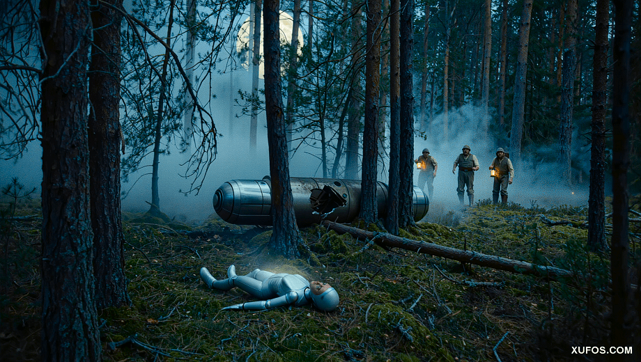 Artistic reconstruction of the dying alien humanoid in the Swedish forest 1955