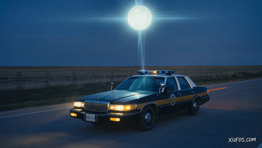 Artistic reconstruction of Deputy Val Johnson’s patrol car being hit by bright UFO light in Minnesota 1979