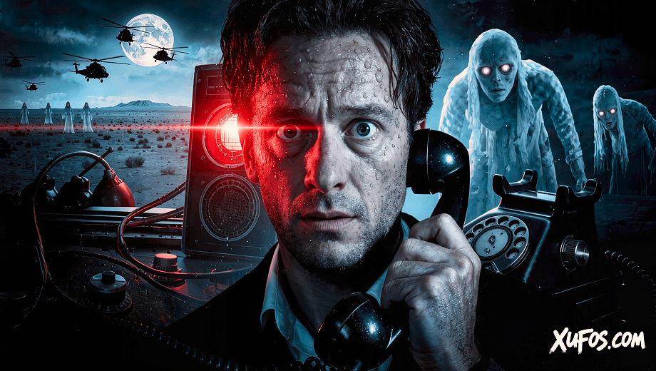Artistic reconstruction of the mysterious Area 51 caller on the phone with Art Bell