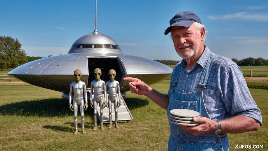 Artistic reconstruction of Joe Simonton receiving pancakes from aliens