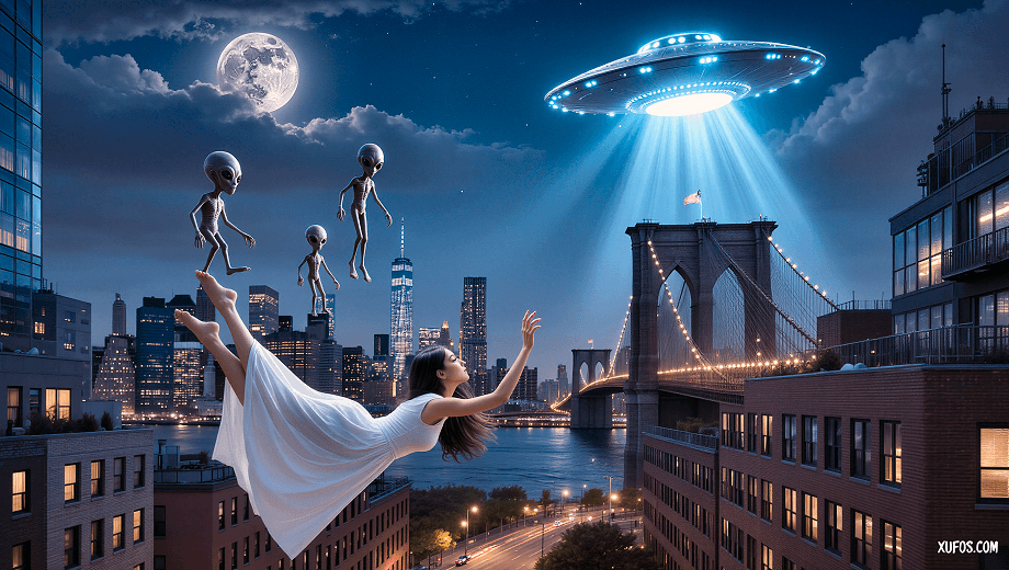 Artistic reconstruction of the Manhattan Alien Abduction over the Brooklyn Bridge