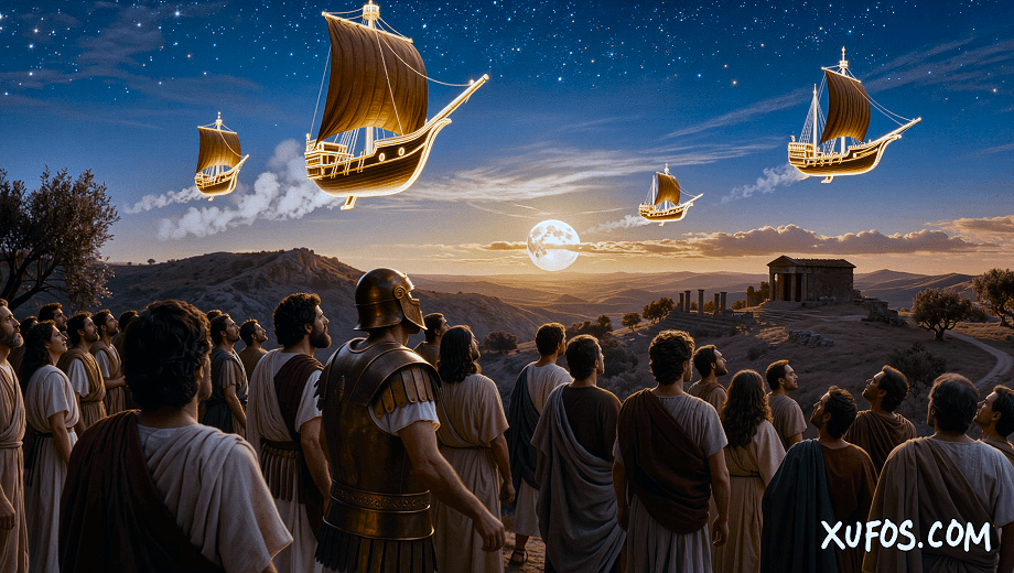 Artistic reconstruction of phantom ships in the sky over ancient Italy 218 BC